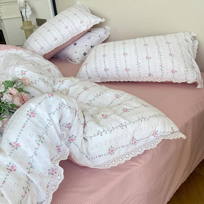 Afralia™ Vintage Lace Ruffles Duvet Set with Bed Sheet and Pillowcases
