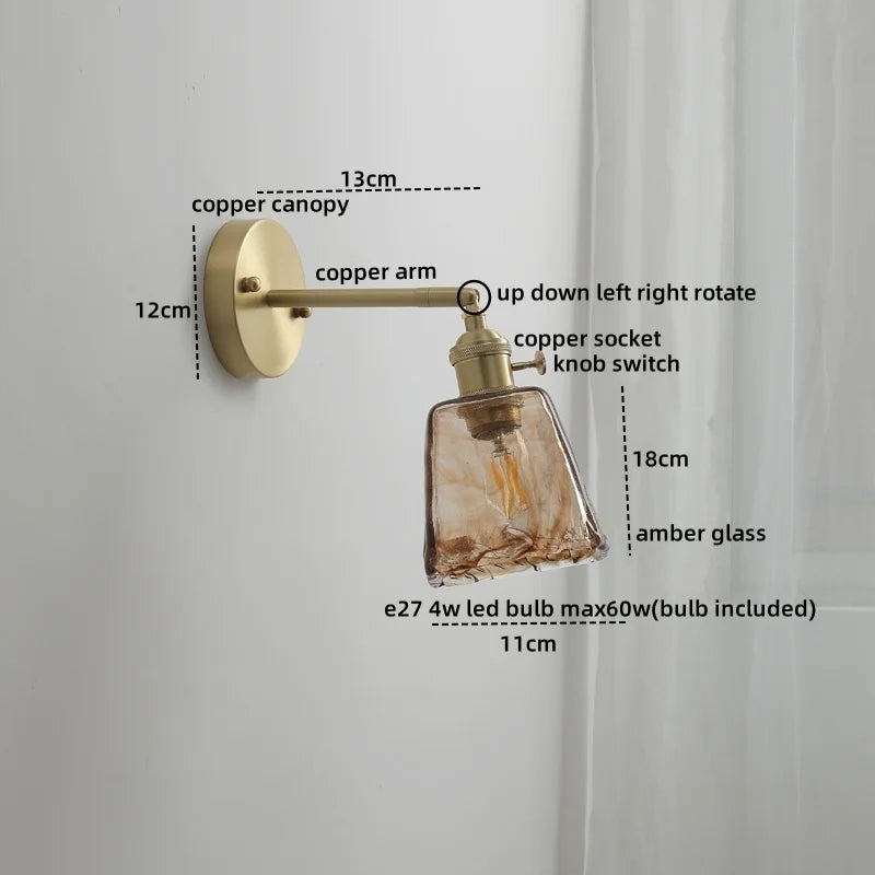 Afralia™ Glass Copper LED Wall Lamp with Knob Switch for Modern Home Decor
