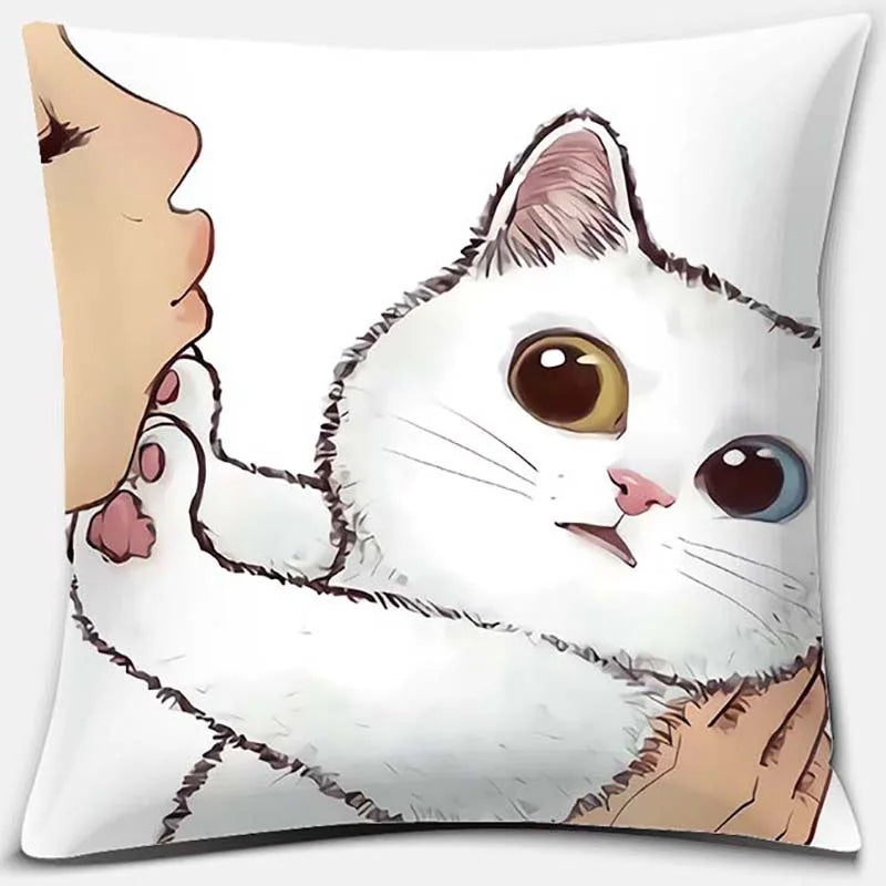 Afralia™ Cute Cat Kiss Love Cartoon Pillowcase for Home Decor