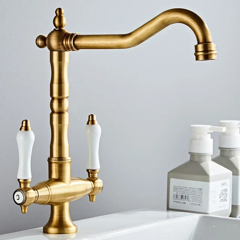 Afralia™ Antique Brass Kitchen Faucet with Dual Handles and 360° Rotation