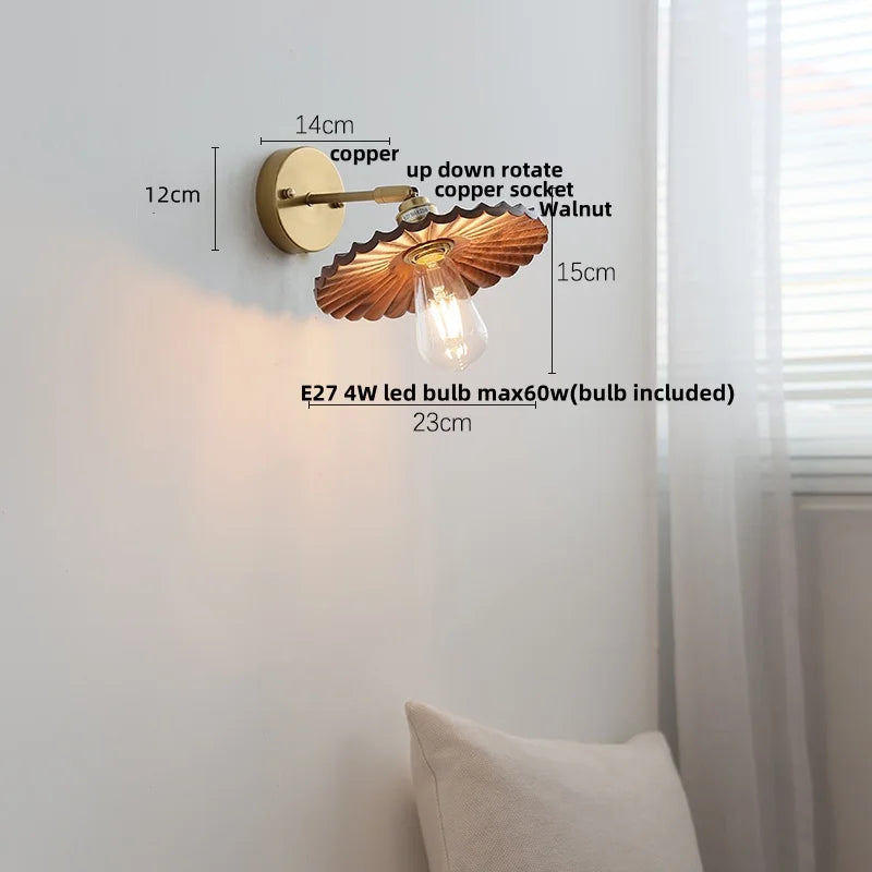 Afralia™ Nordic LED Wall Light Sconce Walnut Wood Copper Pull Chain Switch