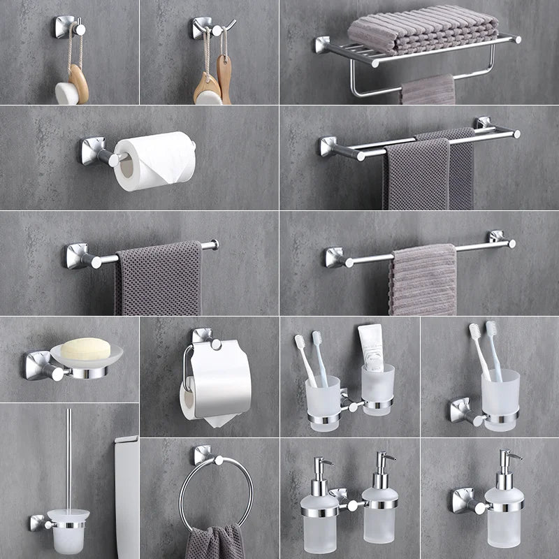 Afralia™ Chrome Bathroom Accessories Set: Towel Rack, Paper Holder, Brush Rack, Ring, Hook