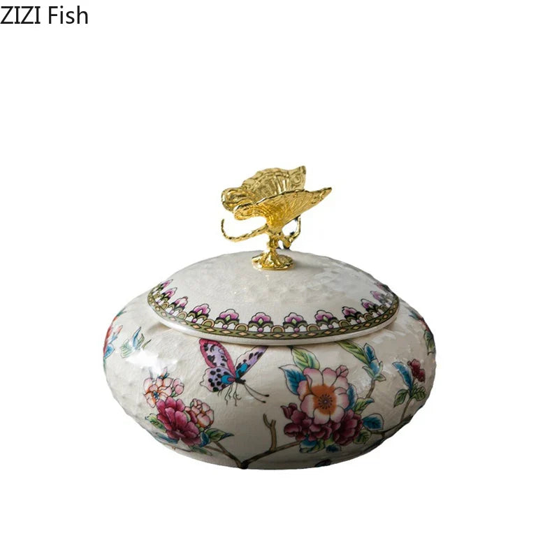 Afralia™ Dragonfly Lid Ceramic Jewelry Box - Round Floral Pattern Storage Jar