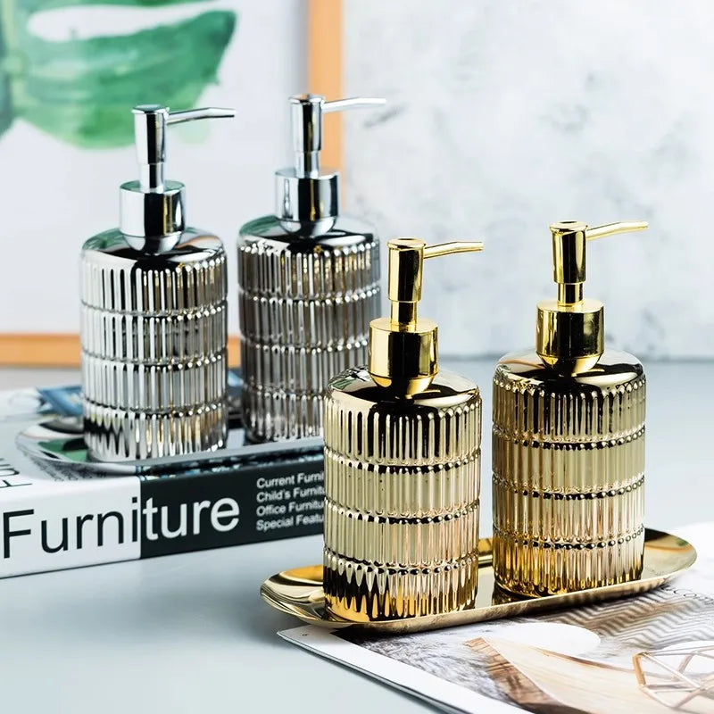 Afralia™ Ceramic Soap Dispenser Set | Silver Bathroom Shampoo Bottles 340 ML