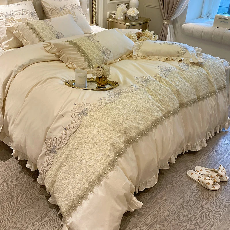 Afralia™ Embroidered Ruffles Beads Bedding Set with Egyptian Cotton Duvet Cover
