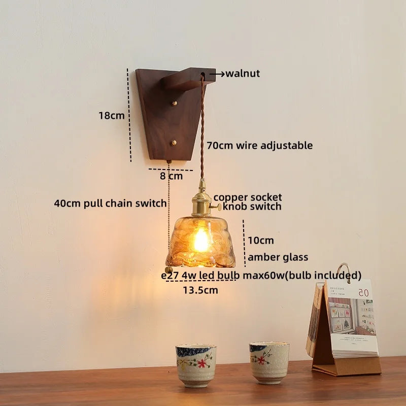 Afralia™ Walnut Glass LED Wall Light Fixture | Modern Bedroom Bathroom Living Room Lamp