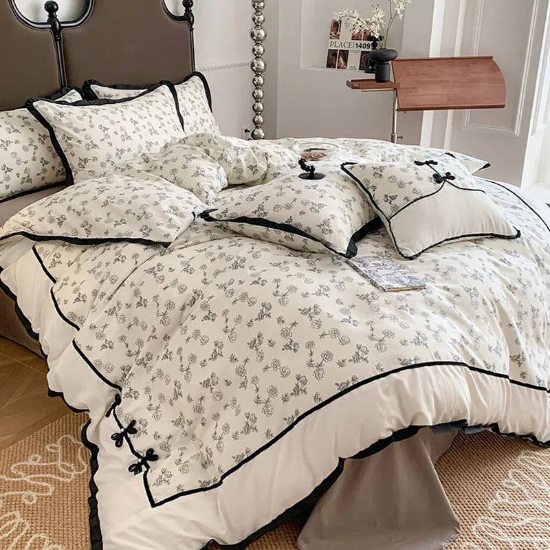 Afralia™ Floral Retro Pleated Cotton Bedding Set for Cozy Comfort and Style