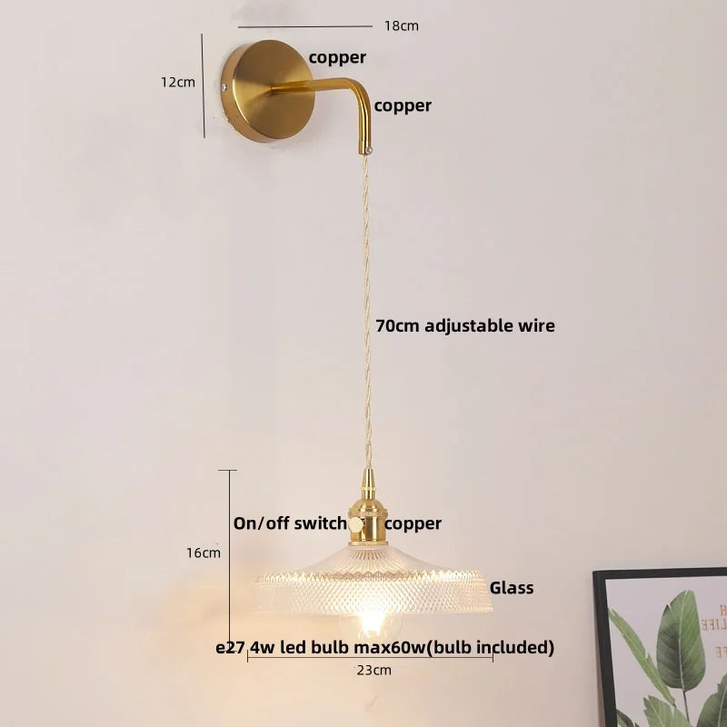 Afralia™ Copper LED Glass Wall Sconce with Pull Chain Switch for Living Dining Room