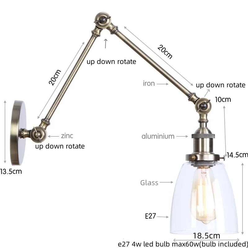Afralia™ Loft LED Industrial Swing Arm Lamp with Clear Glass Mirror Light