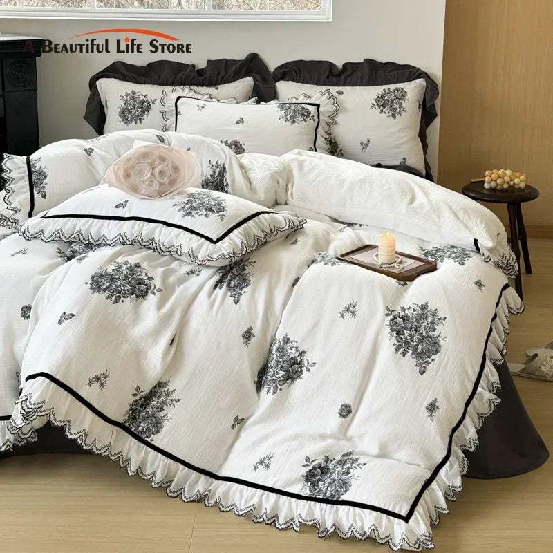 Afralia™ Ruffled Embroidery Cotton Bedding Set: Duvet Cover, Sheet Set, Pillowcase