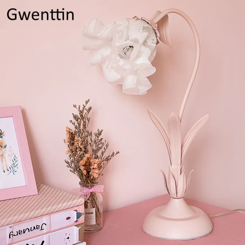 Afralia™ Pink Flower LED Table Lamp - Modern Princess Girl Bedroom Decor