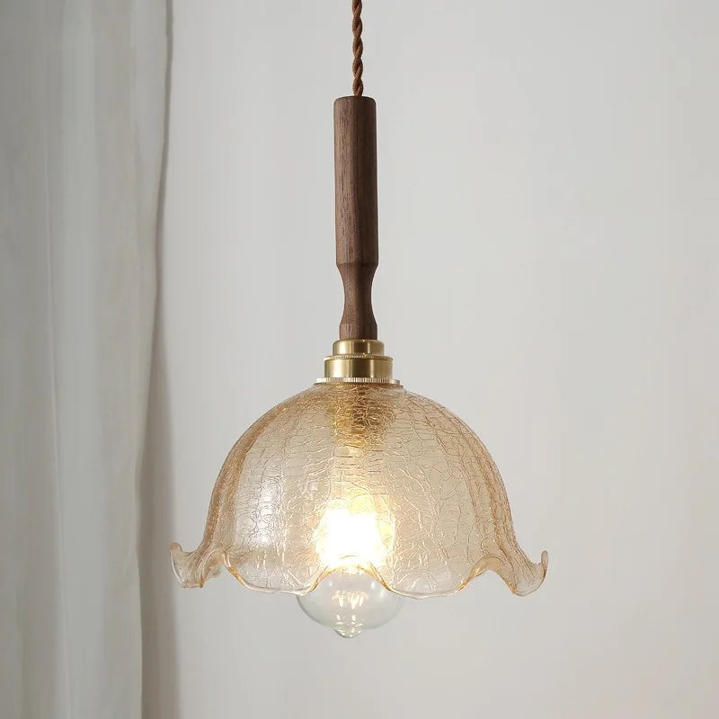 Afralia™ Amber Glass LED Pendant Lamp, Copper Walnut Hanging Light Fixture for Home Decor