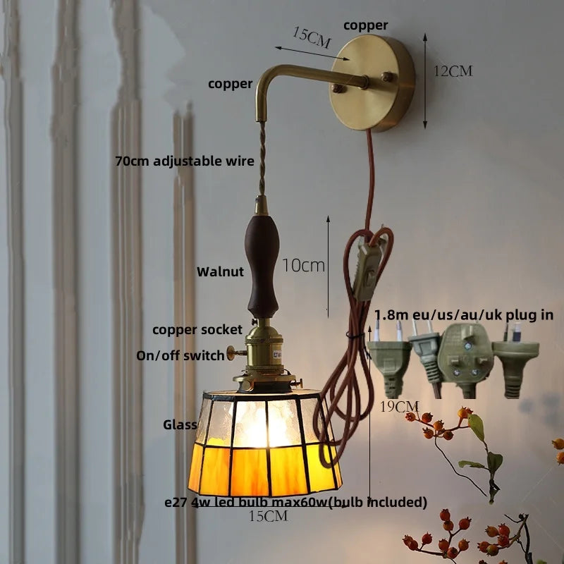 Afralia™ Vintage LED Wall Lights Walnut Wood Pull Chain Switch Mirror Light
