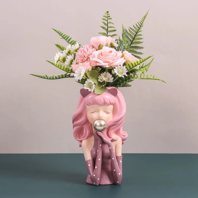 Afralia™ Bubble Gum Girl Flower Vase - Stylish Resin Plant Pot for Home Decor
