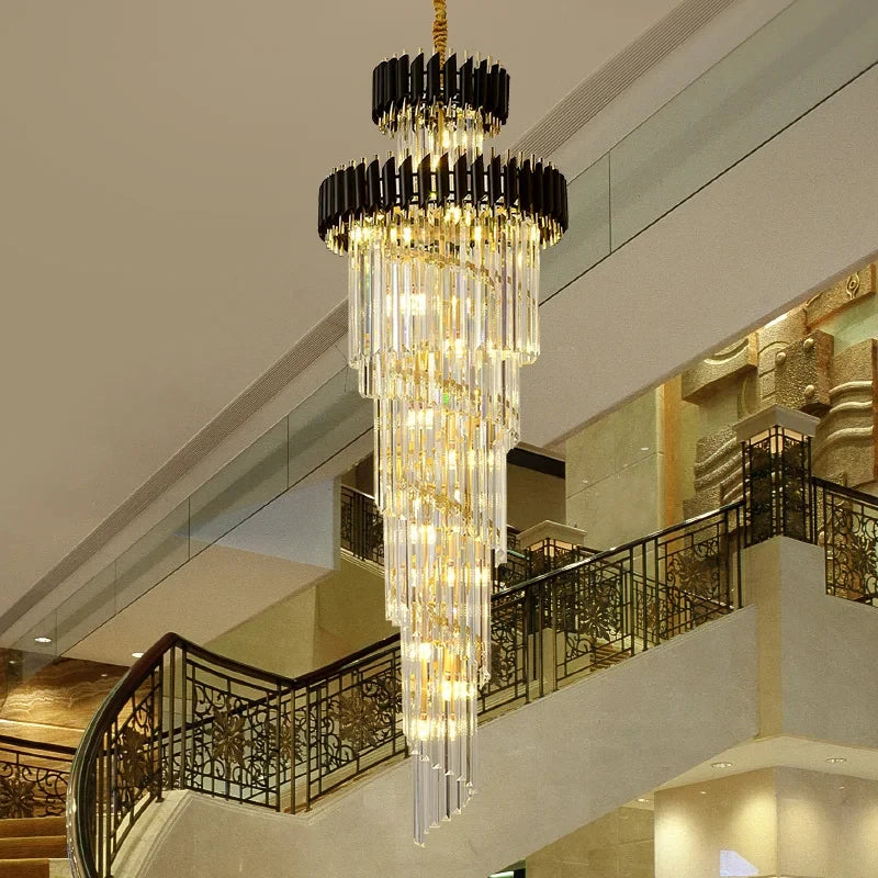 Afralia™ Modern Crystal Chandelier Black/Gold Light Fixture for Luxury Living Room, Villa, Staircase