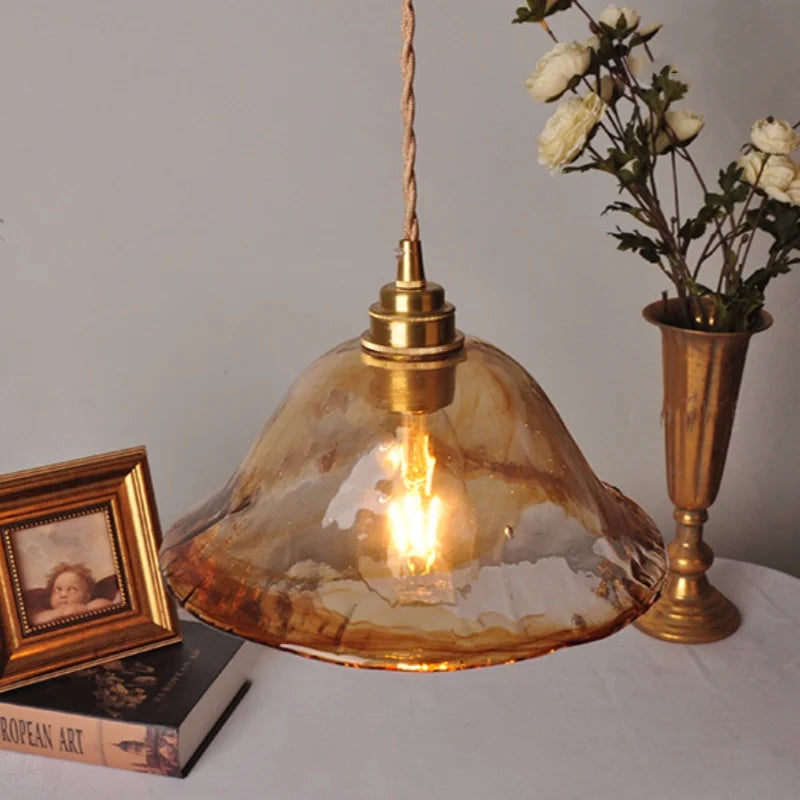 Afralia™ Amber Glass Adjustable LED Pendant Light Fixture, Vintage E27 Copper Hanging Lamp