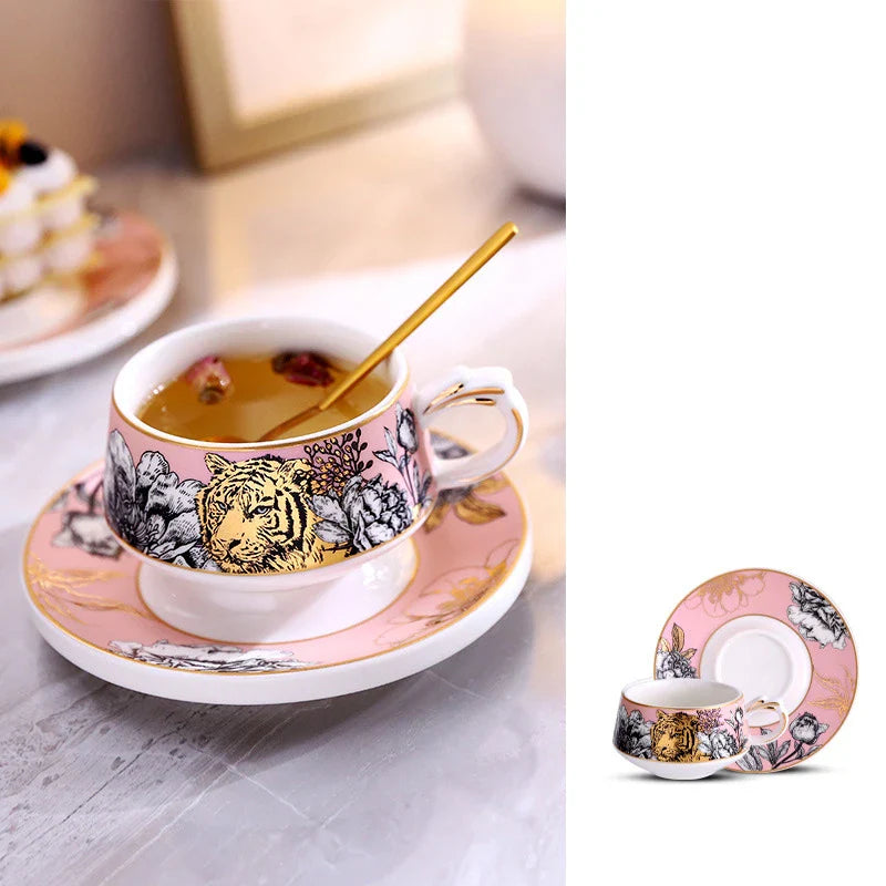 Afralia™ Tiger Pattern Porcelain Cup & Saucer Set - Exquisite Coffee Mug