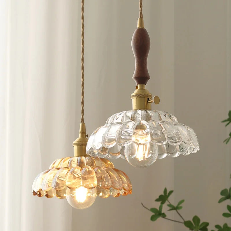 Afralia™ Amber Glass Walnut Wood LED Pendant Lamp with Copper Knob Switch