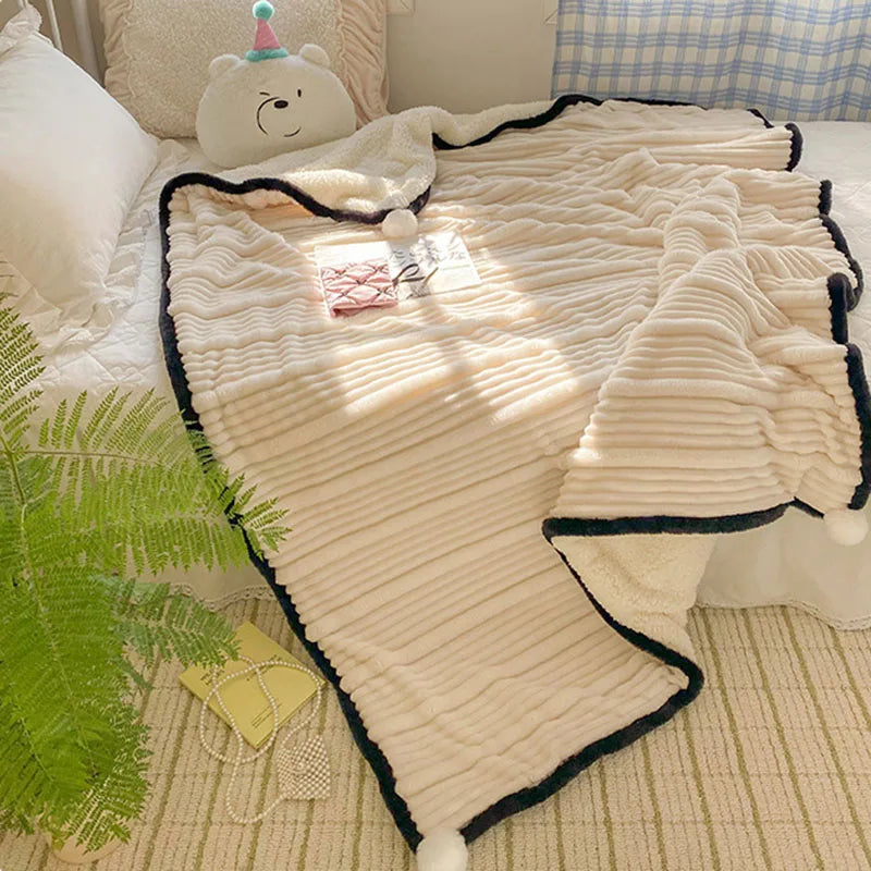 Afralia™ Ribbed Flannel Lamb Fleece Blanket for Warmth & Coziness