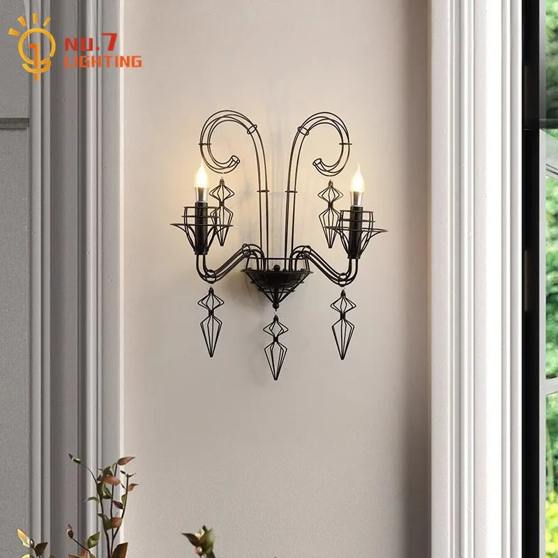 Afralia™ Iron Art Candle Wall Lamp LED E14 Black Retro Industrial Baroque.