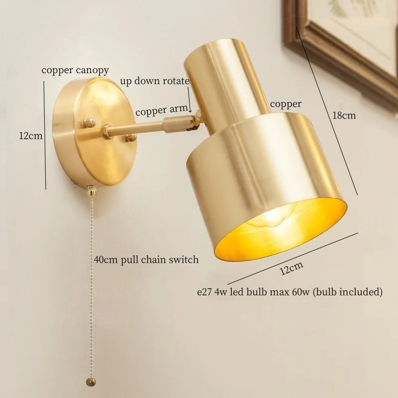 Afralia™ Nordic Copper LED Wall Lamp Pull Chain Switch Wandlamp