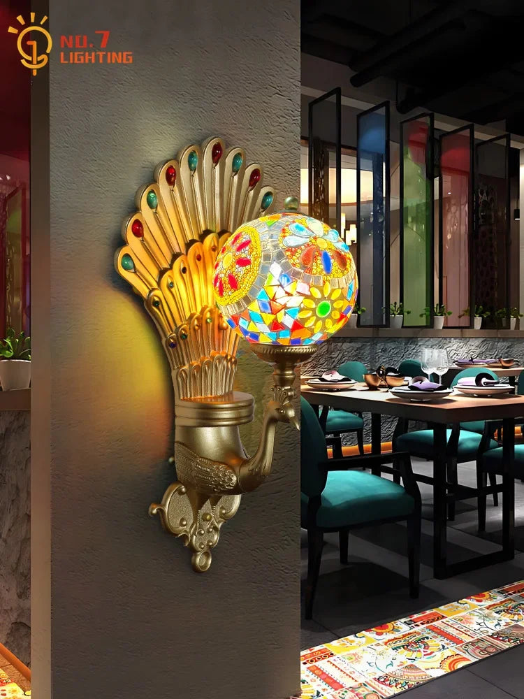 Afralia™ Peacock Tiffany Glass LED Wall Lamp for Bohemian Decor