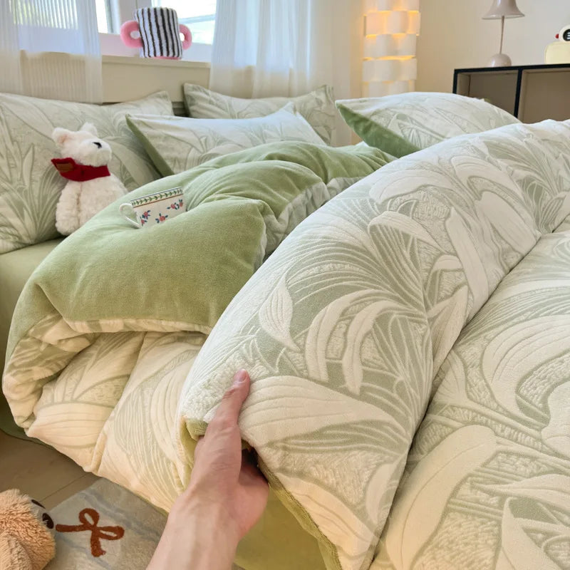 Afralia™ Plant Jacquard Milk Velvet Bedding Set: Warm Plush Duvet Cover Kit for Adults