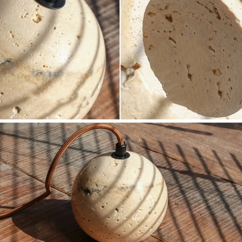 Afralia™ Yellow Travertine Wood Canopy Pendant Lights - Japanese Style Adjustable Globe LED Hang Lamp