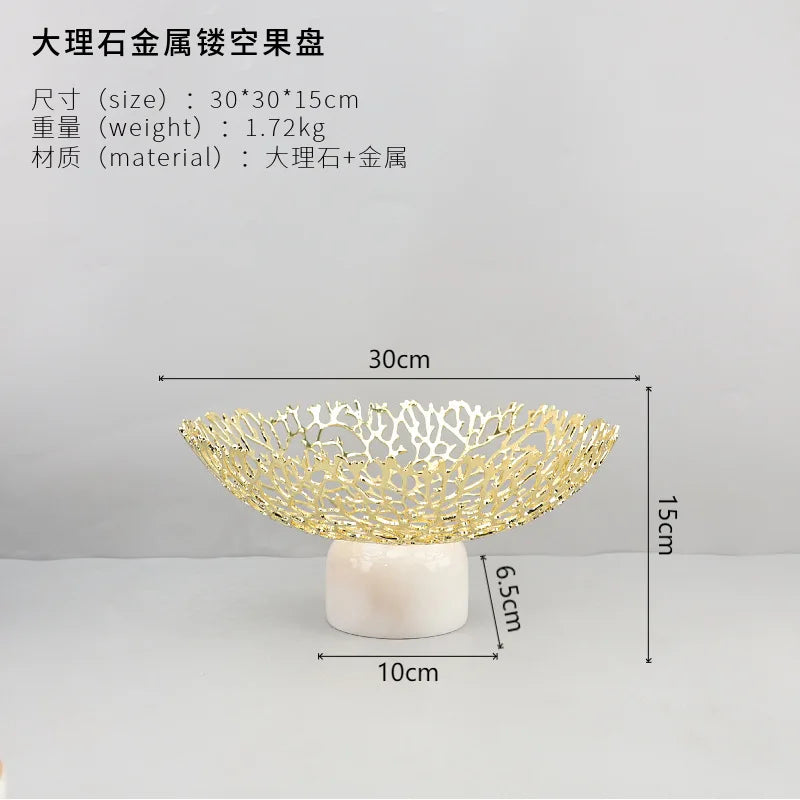 Afralia™ Coral Disc Pedestal | Metal Tray Marble Base Fruit Plate Gold Compote