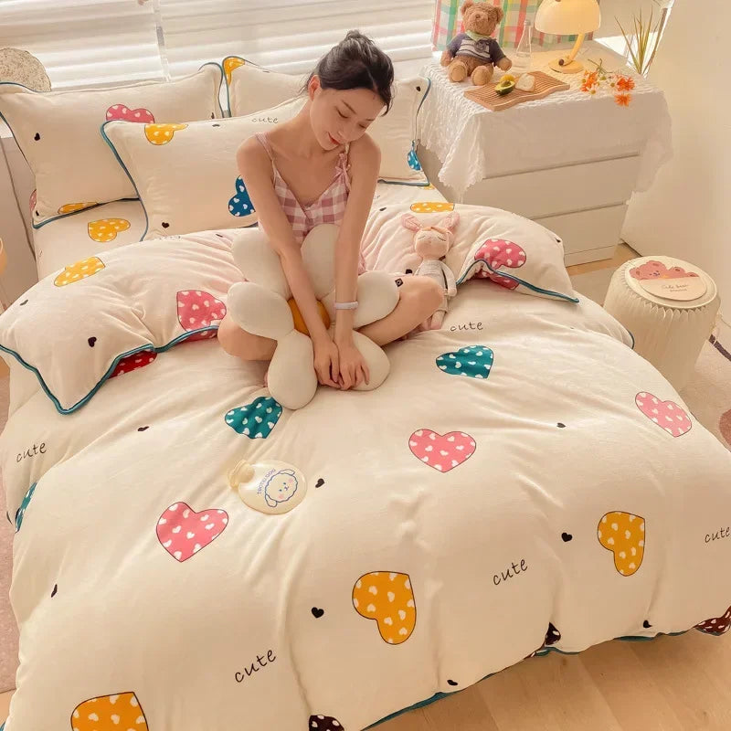 Afralia™ Polka Dot Milk Velvet Queen Bedding Set with Sheets & Pillowcases