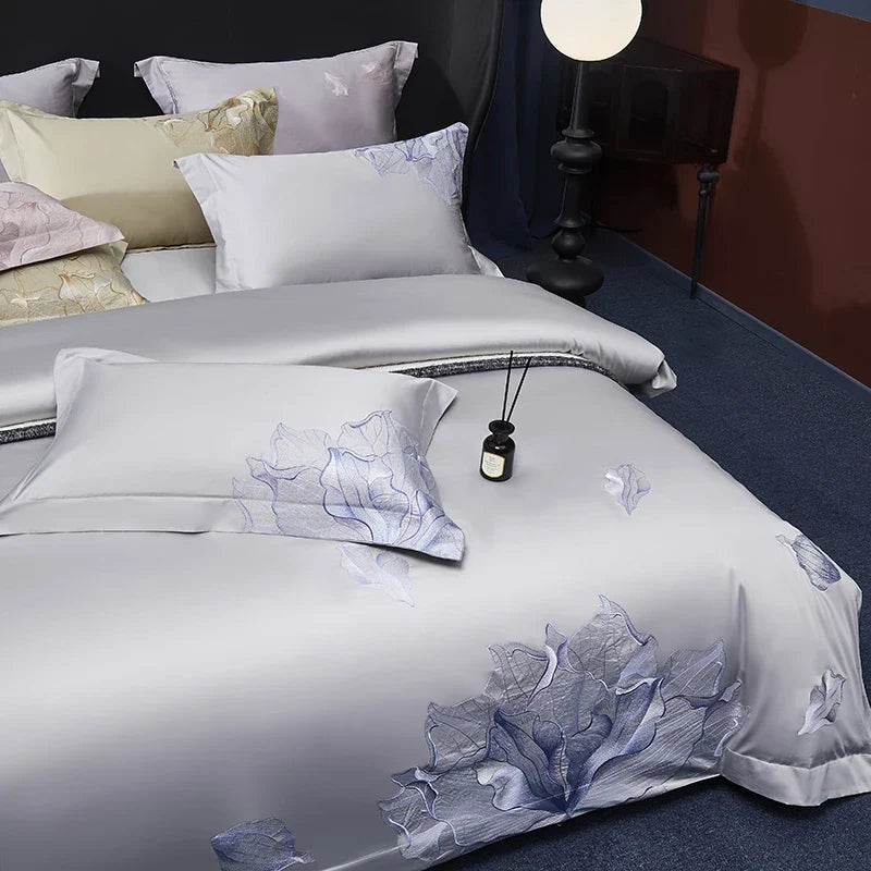 Afralia™ Luxury Flower Embroidery Bedding Set: Soft Egyptian Cotton Duvet Cover, Sheet, Pillowcase (4Pcs)