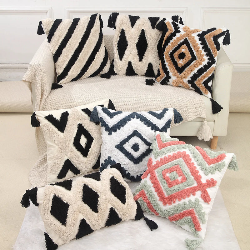 Afralia™ Geometric Chenille Embroidered Pillow Covers Boho Moroccan Style Decor