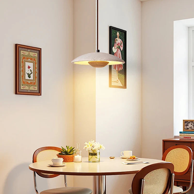 Afralia™ Wood Stone LED Pendant Lights Yellow Travertine Hanging Lamp for Living Room