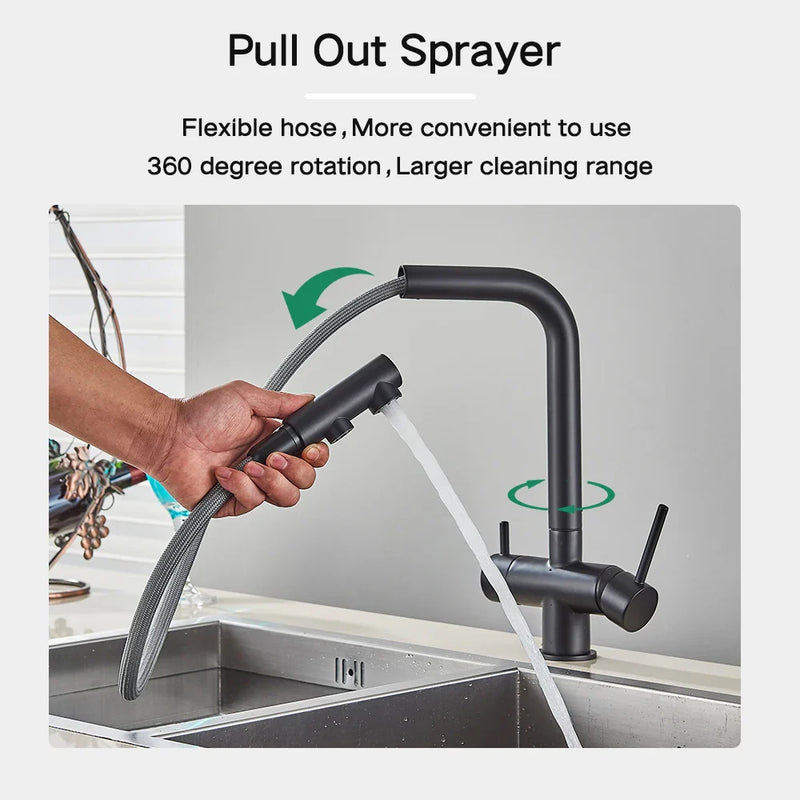 Afralia™ Black Pull Out Water Purifier Faucet: 2-in-1 Hot Cold Mixer Tap