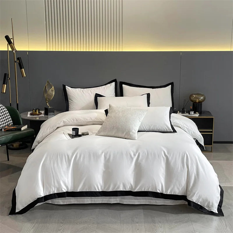 Afralia™ Luxury 60S Egyptian Cotton Hotel Bedding Set with Black Edge, Duvet Cover, Sheet, Pillowcases