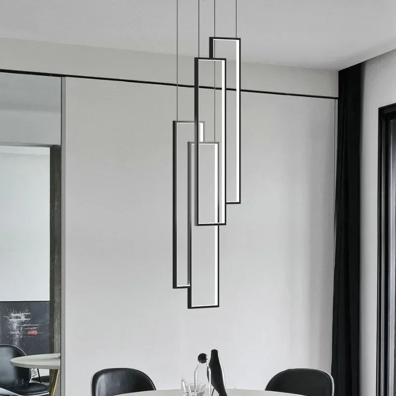 Afralia™ Nordic Black Rectangle LED Chandelier for Living Room, Dimmable Stairs Pendant Lighting