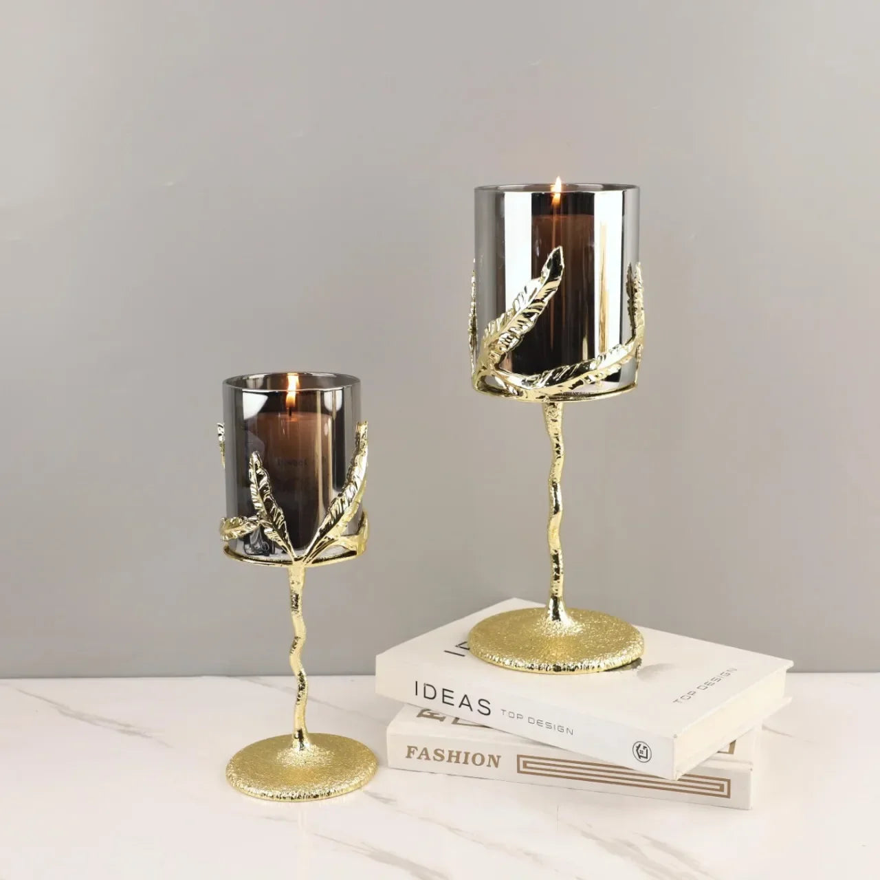 Afralia™ Glass Candle Holder with Golden Leaf Accent