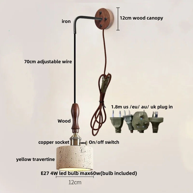 Afralia™ Copper Wood LED Wall Sconce Yellow Travertine Stone Bedside Light