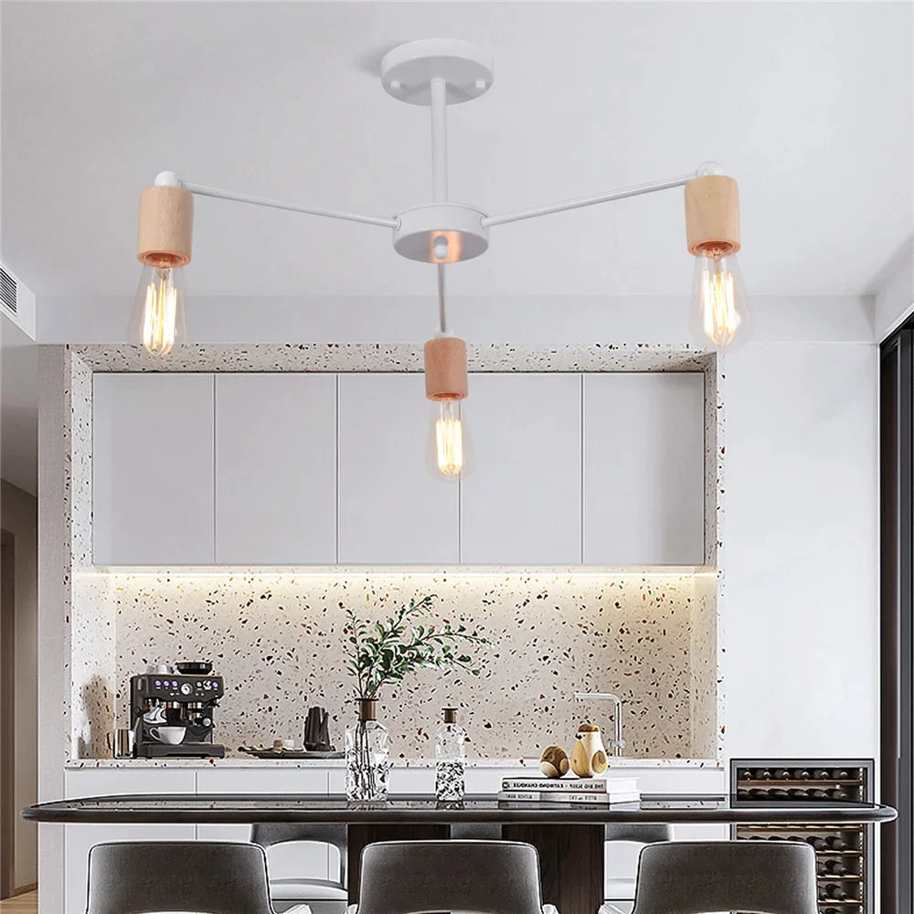 Afralia™ Nordic Loft Chandelier Wood Metal Vintage Ceiling Lamp E27 3/5 Lights for Home Lighting