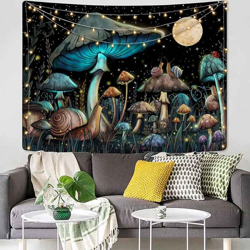 Afralia™ Mushroom Snail Moon Anime Tapestry Cute Dark Nature Wall Hanging