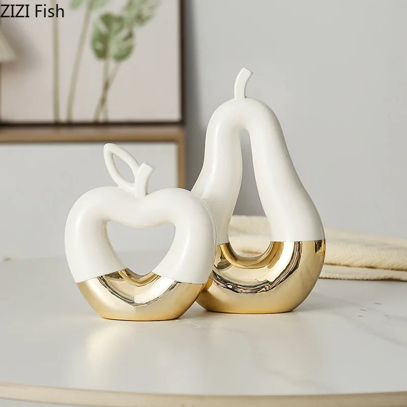 Afralia™ Gold Apple Pear Statue Ceramic Ornaments Desk Decoration Modern Crafts Sculpture