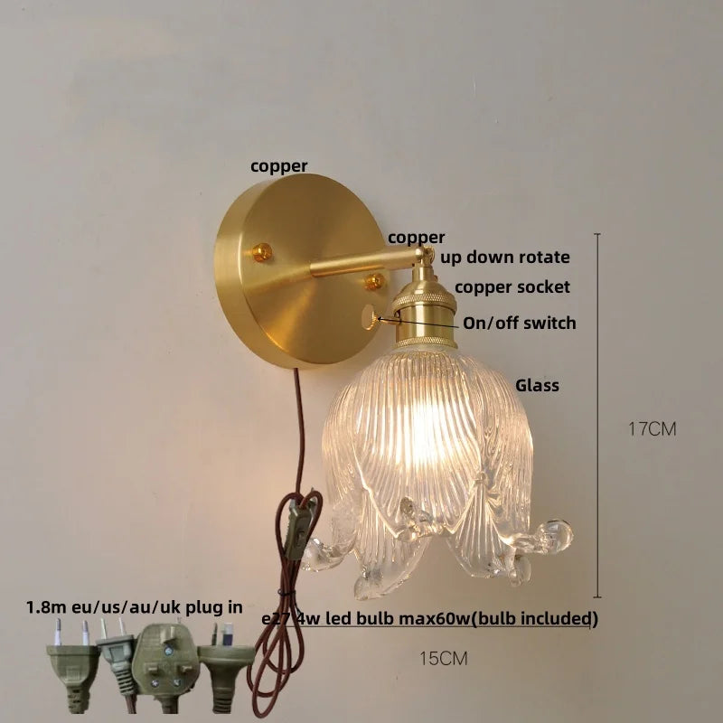 Afralia™ Vintage Clear Glass Wall Lamp Sconce with Pull Chain Switch and LED Rotation