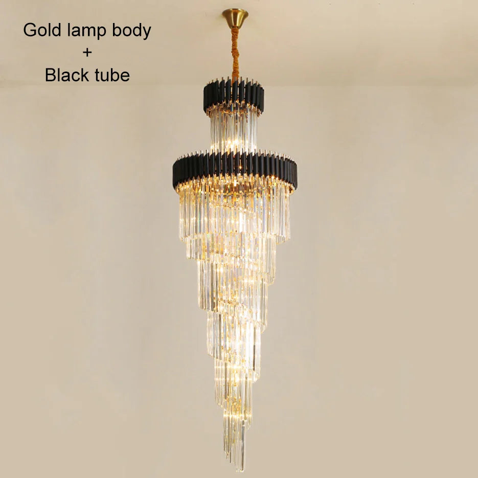 Afralia™ Crystal LED Chandeliers: Luxury Multi-layer Staircase Lighting, Black Stainless Steel