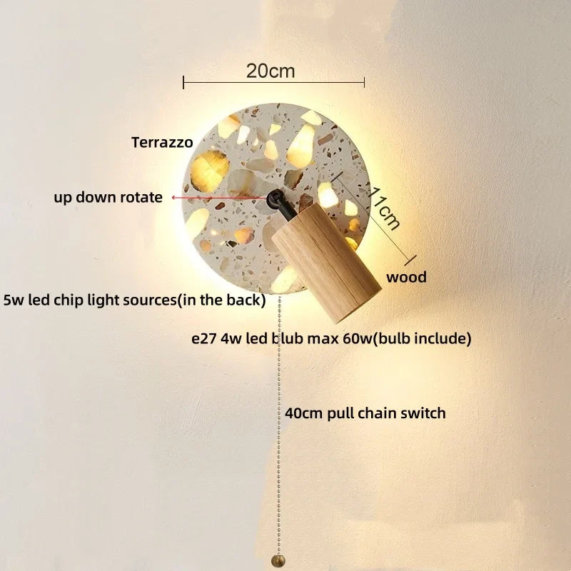 Afralia™ Terrazzo LED Wall Lights Iron Rotate Pull Chain Switch Wood Bedside Lamp