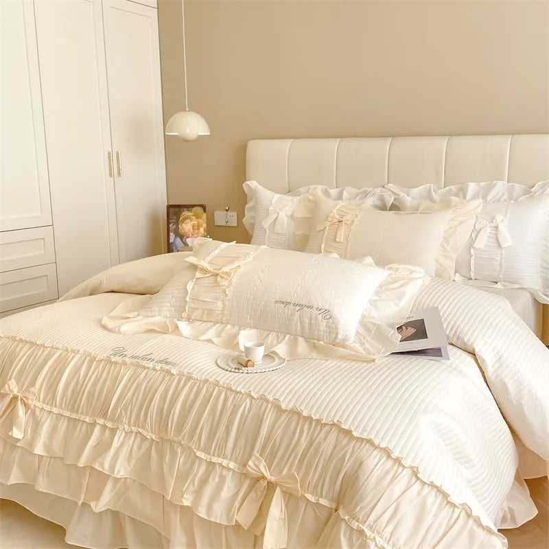 Afralia™ Cake Layers Cotton Duvet Set: Ruffles, Bedspread, Sheet, Pillowcases