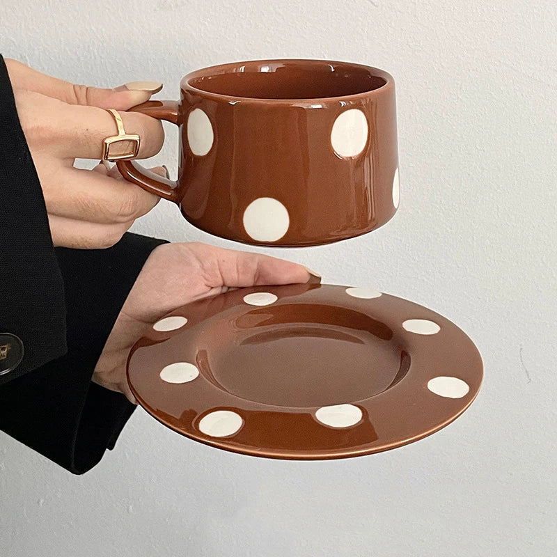 Afralia™ Polka Dots Ceramic Cup&Saucer Set - Modern Mugs for Coffee, Tea, Juice