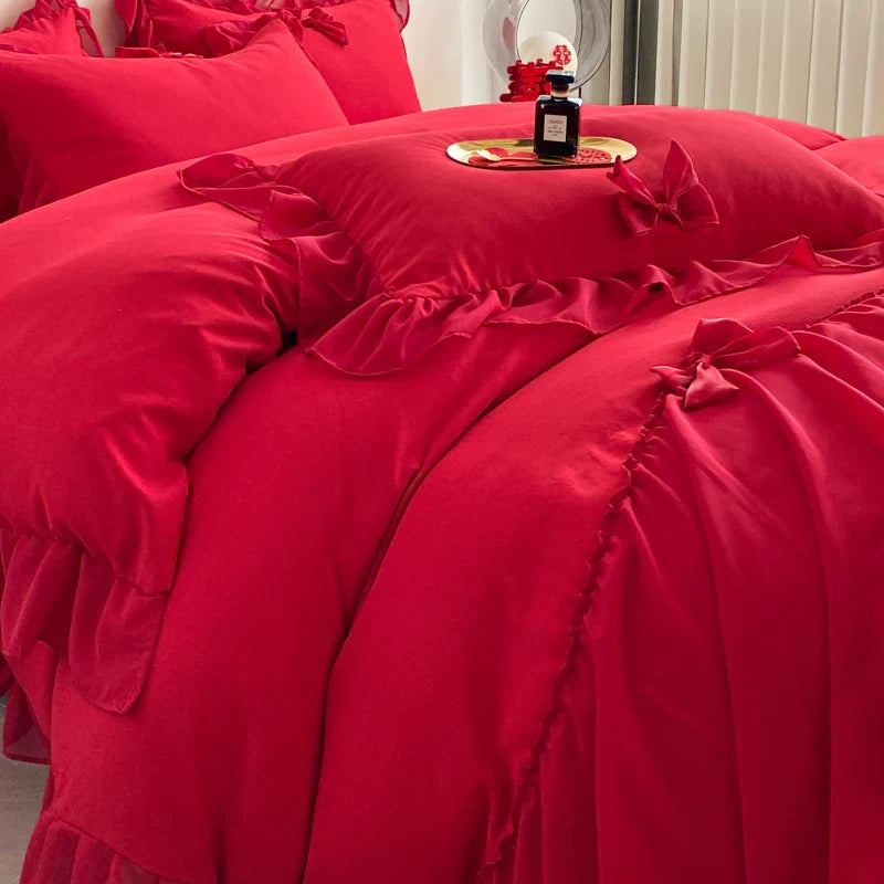 Romantic Lace Ruffles Bedding Set by Afralia™: Duvet, Sheet, Pillowcase, Princess Wedding Theme