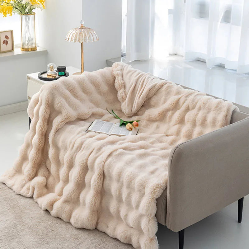 Afralia™ Faux Rabbit Fur Flannel Sofa Blanket, All Seasons Solid Soft Nap Quilt