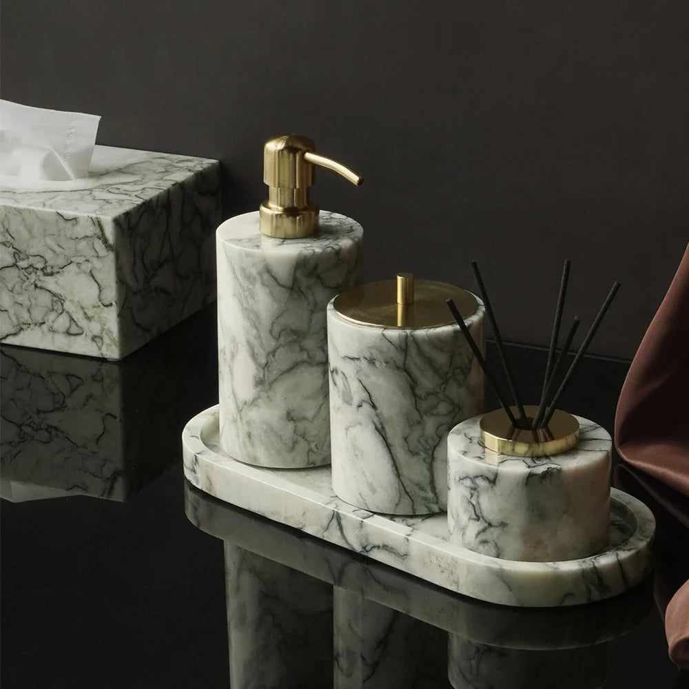 Afralia™ Emerald Marble Bathroom Set Luxury Accessories Vanity Tray & Reed Diffuser