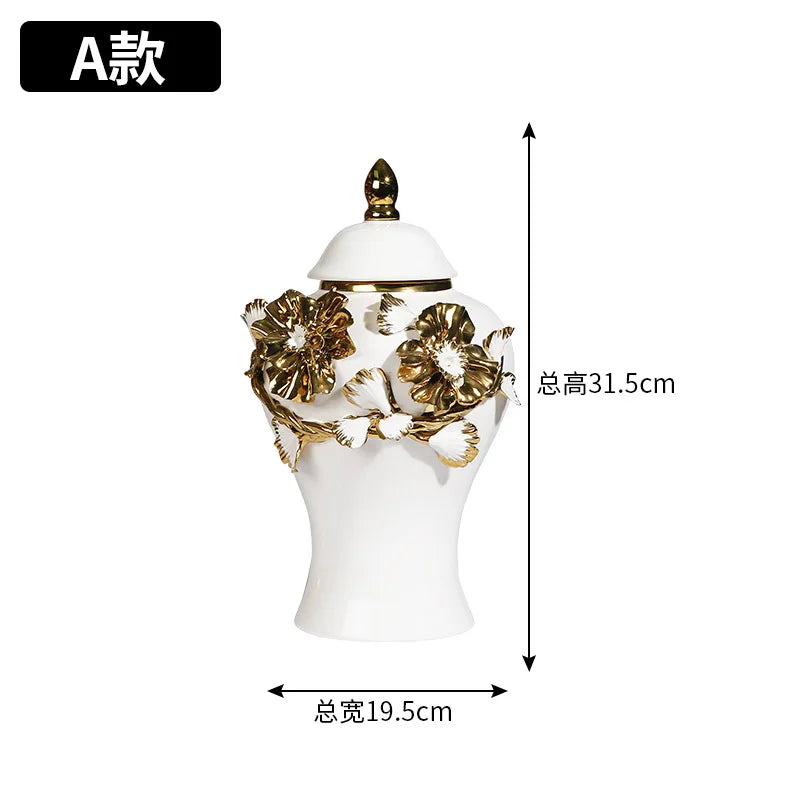 Afralia™ Floral Relief Ceramic Storage Jar - Golden Pot Vase